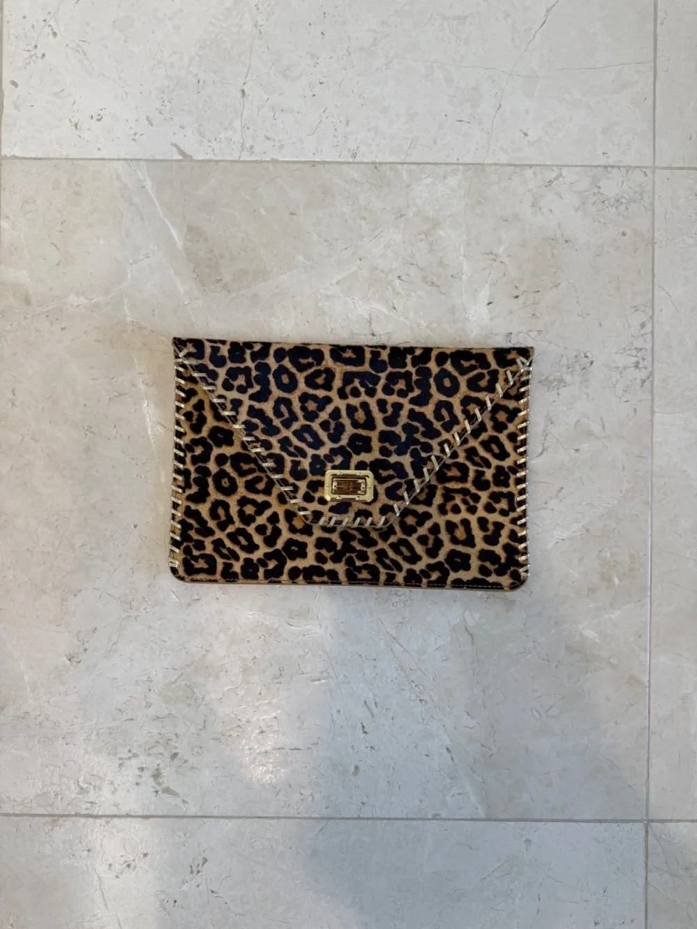 Leopard Calf Hair Envelope Clutch Gold Metallic Trim Bamboo Turn Lock